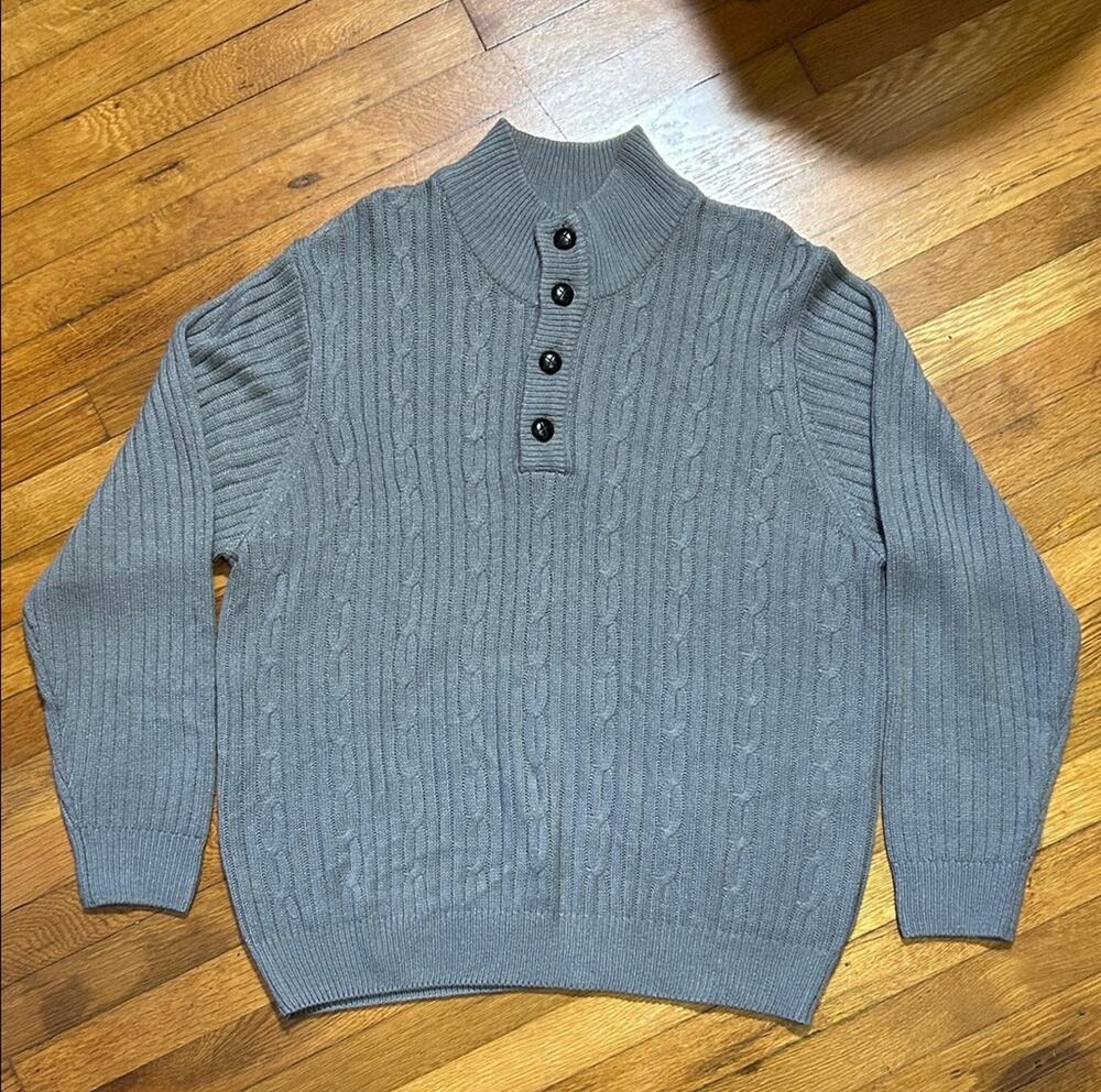 John Blair Gray cable-knit Sweater - men’s Sz XLG - mock neck 4 button v-neck